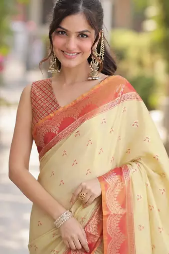 Cream  soft silk banarasi jacuard work designer party wear saree with unstitched blouse piece