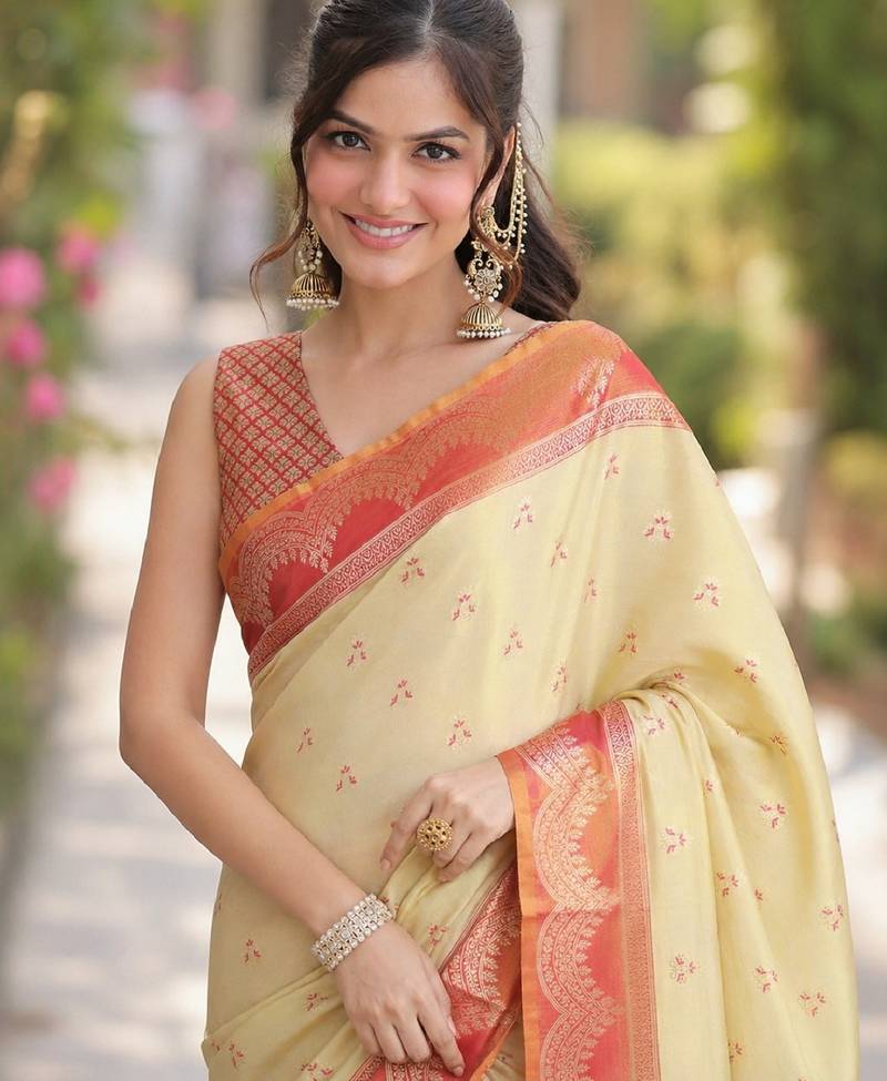 Cream  soft silk banarasi jacuard work designer party wear saree with unstitched blouse piece