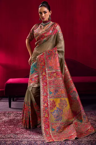 Beige modal pashmina handloom zari weaving saree with blouse