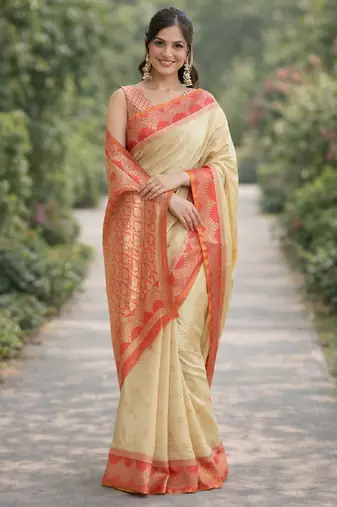 Cream silk blend banarasi saree with unstitched blouse piece