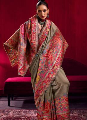 beige modal pashmina handloom zari weaving saree with blouse 2