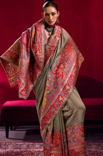 beige modal pashmina handloom zari weaving saree with blouse