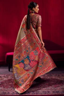 beige modal pashmina handloom zari weaving saree with blouse 3