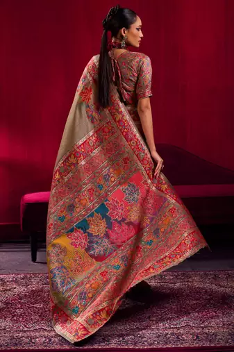 beige modal pashmina handloom zari weaving saree with blouse