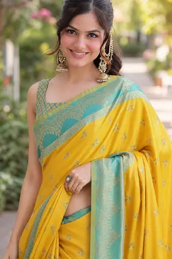 Yellow soft silk banarasi jacuard work designer party wear saree with unstitched blouse piece