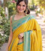 Yellow silk blend banarasi saree with unstitched blouse piece