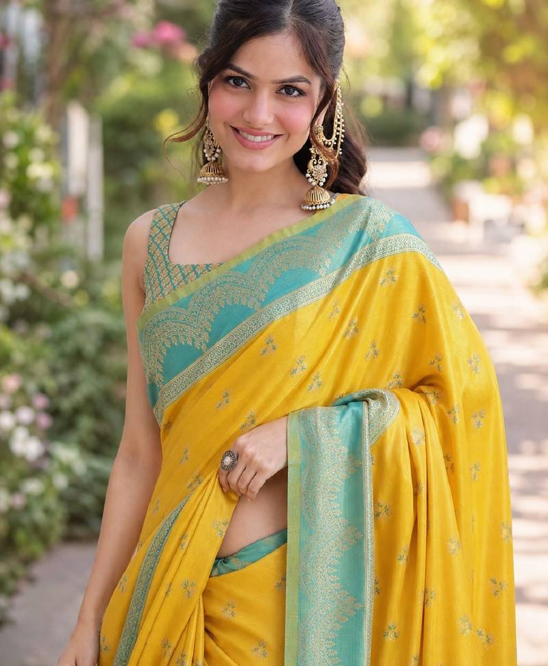 Yellow soft silk banarasi jacuard work designer party wear saree with unstitched blouse piece