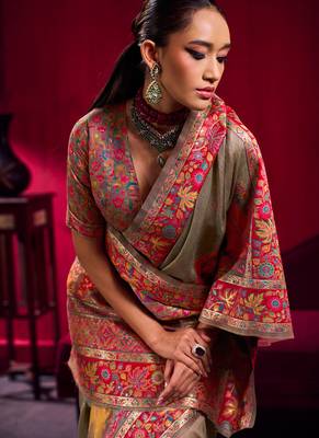 beige modal pashmina handloom zari weaving saree with blouse 4