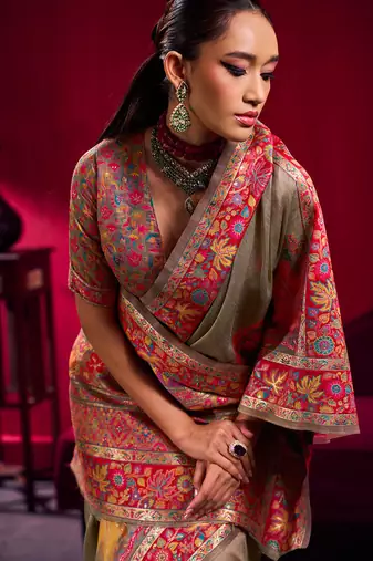 beige modal pashmina handloom zari weaving saree with blouse