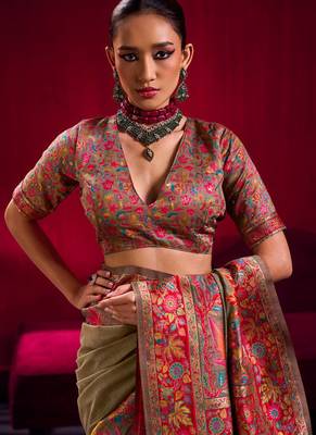 beige modal pashmina handloom zari weaving saree with blouse 5