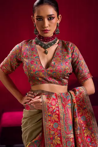 beige modal pashmina handloom zari weaving saree with blouse