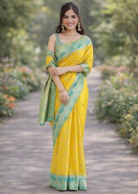 Yellow silk blend banarasi saree with unstitched blouse piece 3