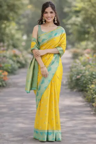 Yellow silk blend banarasi saree with unstitched blouse piece