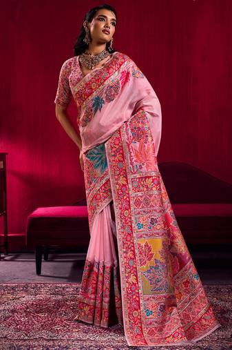 Pink modal pashmina handloom zari weaving saree with blouse