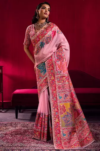 Pink modal pashmina handloom zari weaving saree with blouse