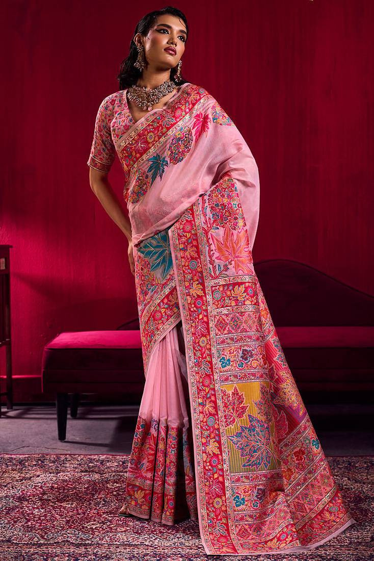Pink modal pashmina handloom zari weaving saree with blouse
