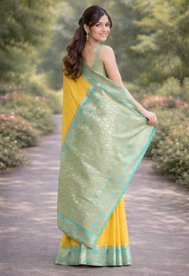 Yellow silk blend banarasi saree with unstitched blouse piece 4