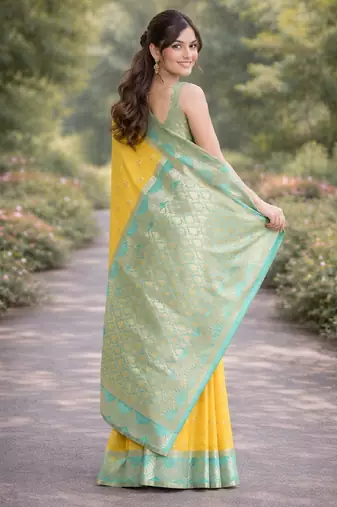 Yellow silk blend banarasi saree with unstitched blouse piece