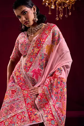 pink modal pashmina handloom zari weaving saree with blouse
