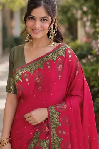 Pink soft silk banarasi jacuard work designer party wear saree with unstitched blouse piece
