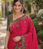 Pink silk blend banarasi saree with unstitched blouse piece