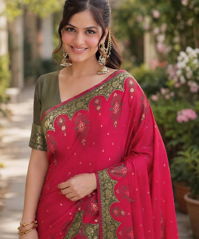 Pink soft silk banarasi jacuard work designer party wear saree with unstitched blouse piece