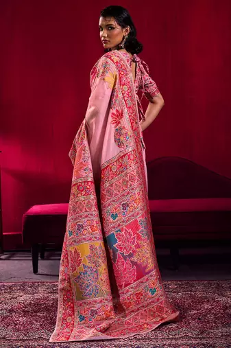 pink modal pashmina handloom zari weaving saree with blouse
