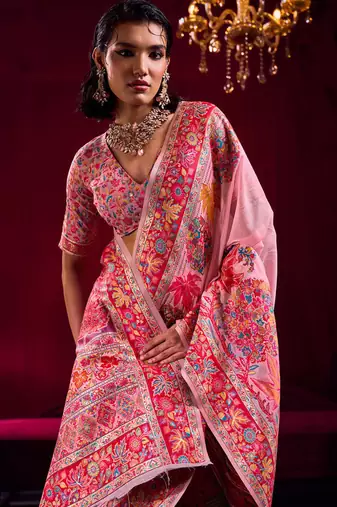 pink modal pashmina handloom zari weaving saree with blouse