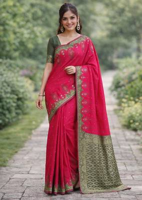 Pink silk blend banarasi saree with unstitched blouse piece 3