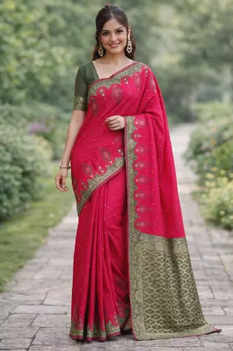 Pink silk blend banarasi saree with unstitched blouse piece