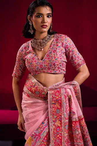 pink modal pashmina handloom zari weaving saree with blouse