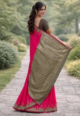 Pink silk blend banarasi saree with unstitched blouse piece 4