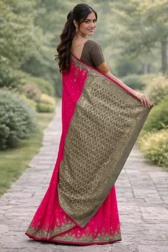 Pink silk blend banarasi saree with unstitched blouse piece