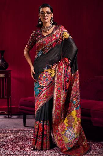 Black modal pashmina handloom zari weaving saree with blouse