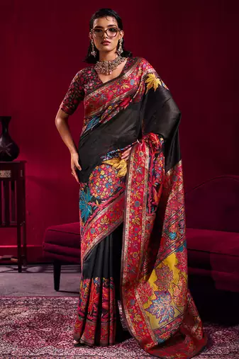 Black modal pashmina handloom zari weaving saree with blouse