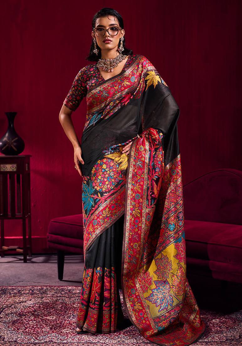 Black modal pashmina handloom zari weaving saree with blouse