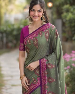 Sea green silk blend banarasi saree with unstitched blouse piece 1