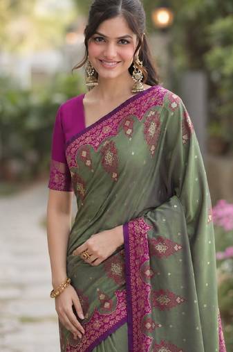 Sea green soft silk banarasi jacuard work designer party wear saree with unstitched blouse piece