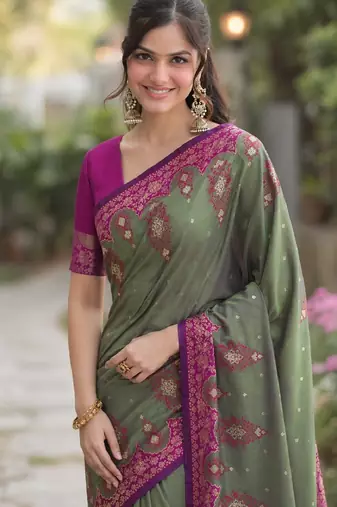 Sea green soft silk banarasi jacuard work designer party wear saree with unstitched blouse piece