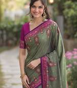 Sea green silk blend banarasi saree with unstitched blouse piece