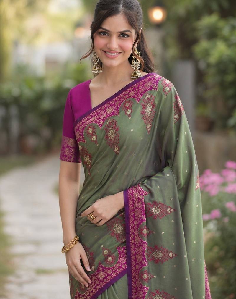Sea green soft silk banarasi jacuard work designer party wear saree with unstitched blouse piece