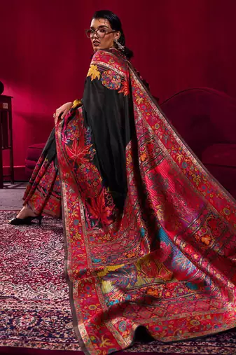 black modal pashmina handloom zari weaving saree with blouse