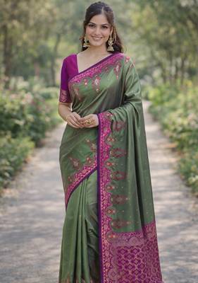 Sea green silk blend banarasi saree with unstitched blouse piece 3