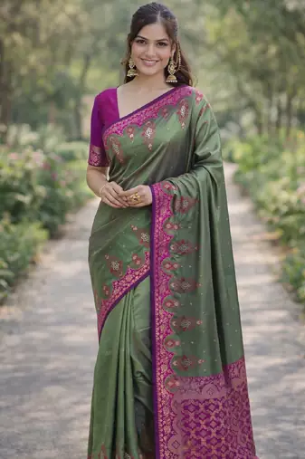 Sea green silk blend banarasi saree with unstitched blouse piece