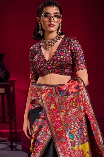 black modal pashmina handloom zari weaving saree with blouse