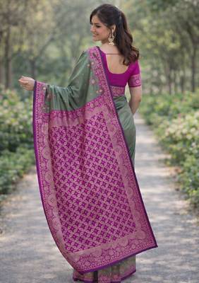 Sea green silk blend banarasi saree with unstitched blouse piece 4