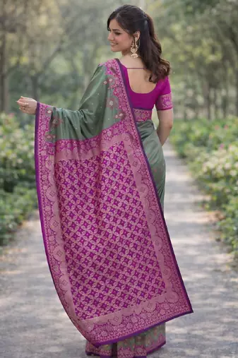 Sea green silk blend banarasi saree with unstitched blouse piece