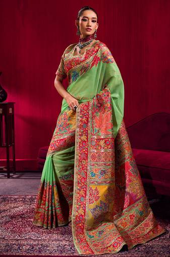 Parrot green modal pashmina handloom zari weaving saree with blouse