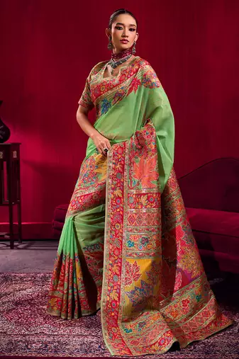 Parrot green modal pashmina handloom zari weaving saree with blouse