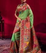 parrot green modal pashmina handloom zari weaving saree with blouse